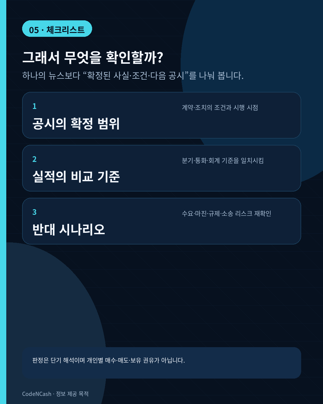 2026-09-03 최신 시장·경제 뉴스 3 공시 확정 범위, 실적 비교 기준, 반대 시나리오를 점검하는 세로 체크리스트 카드