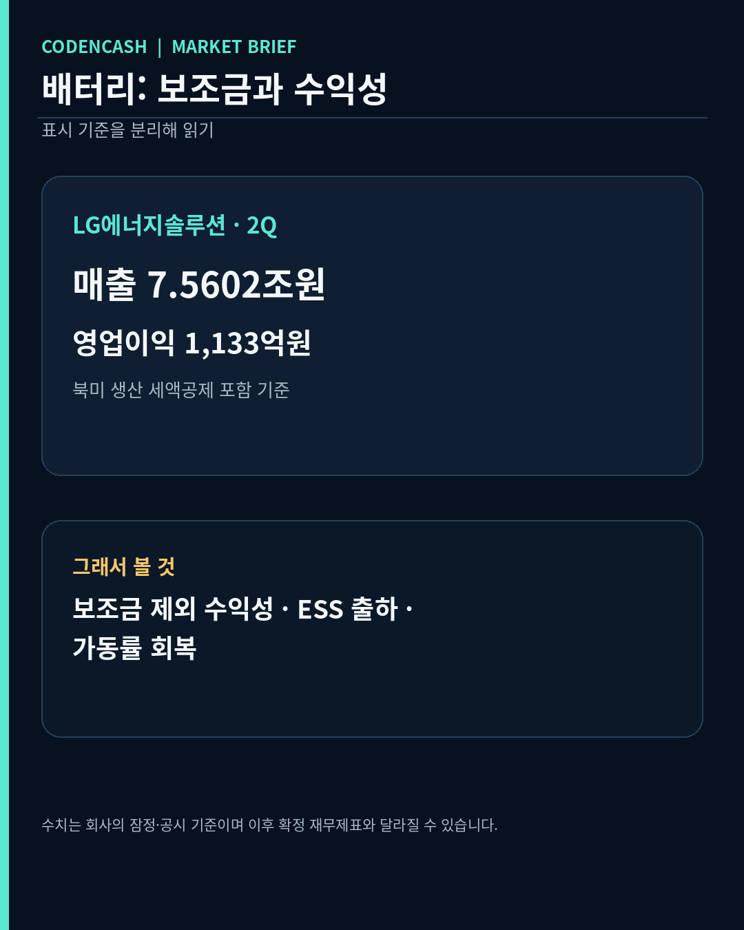 2026-09-02 시장 뉴스 카드 5: LG에너지솔루션 2분기 매출·영업이익과 세액공제 기준